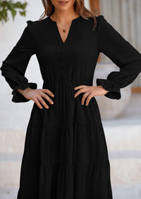 Long Sleeve V Neck Tiered Ruffle Flowy A Line Maxi Dresses