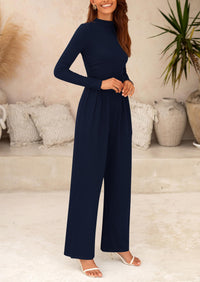 Casual Long Sleeve Mock Neck Wide Leg Jumpsuits