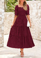 Casual Square Neck Short Sleeve Smocked A Line Floral Flowy Elegant Boho Midi Dresses