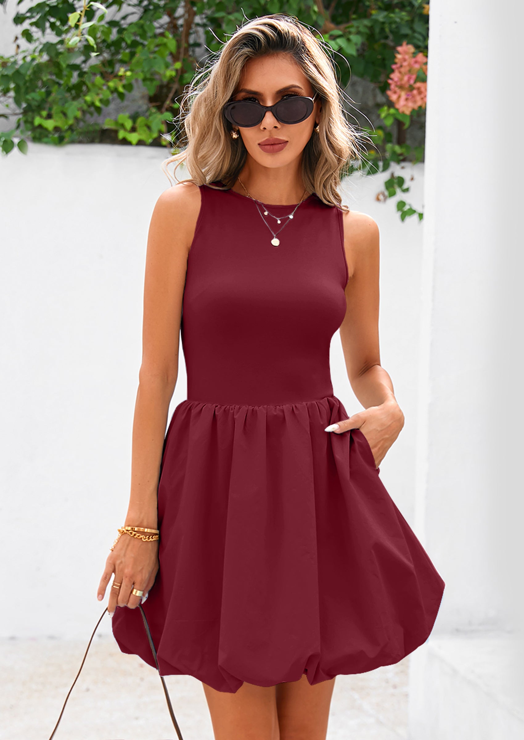 PRETTYGARDEN Summer Dresses for Women Casual Sleeveless Tank Mini Short Dress Crew Neck Bubble Sundress with Pockets
