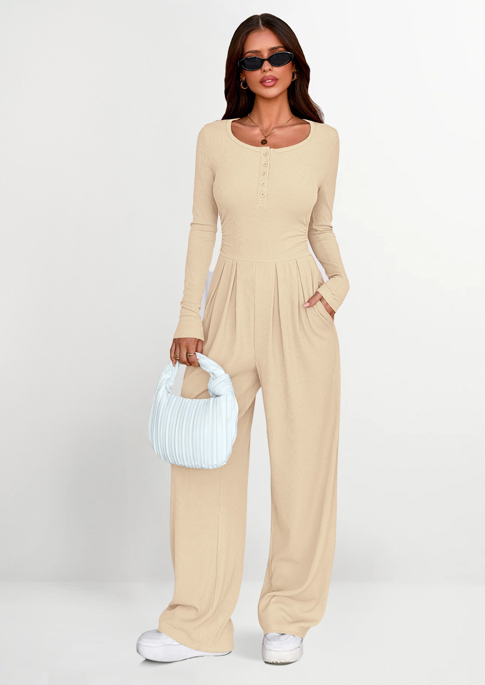 PRETTYGARDEN Jumpsuits for Women Dressy Casual Fall One Piece Outfits Long Sleeve Crew Neck Wide Leg Pants Rompers