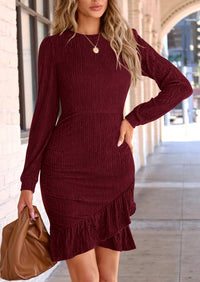 Ruched Bodycon Long Puff Sleeve Ruffle Fitted Mini Dress
