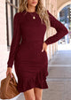 Ruched Bodycon Long Puff Sleeve Ruffle Fitted Mini Dress