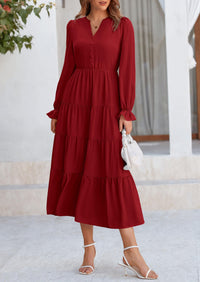 Long Sleeve V Neck Tiered Ruffle Flowy A Line Maxi Dresses