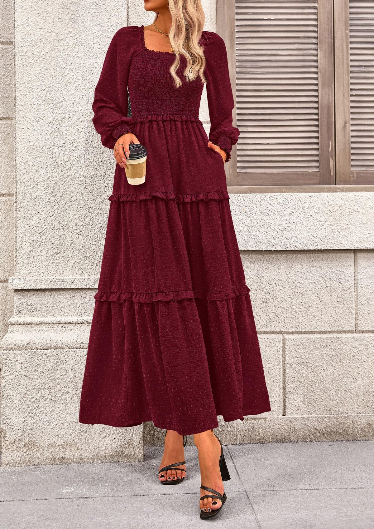 Long Sleeve Smocked Casual Square Neck Swiss Dot Tiered Ruffle Maxi Dresses
