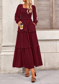 Long Sleeve Smocked Casual Square Neck Swiss Dot Tiered Ruffle Maxi Dresses