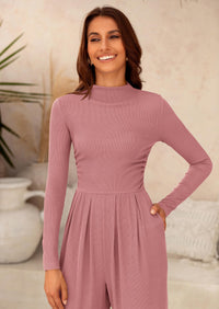 Casual Long Sleeve Mock Neck Wide Leg Jumpsuits