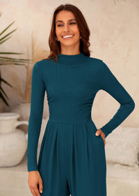 Casual Long Sleeve Mock Neck Wide Leg Jumpsuits