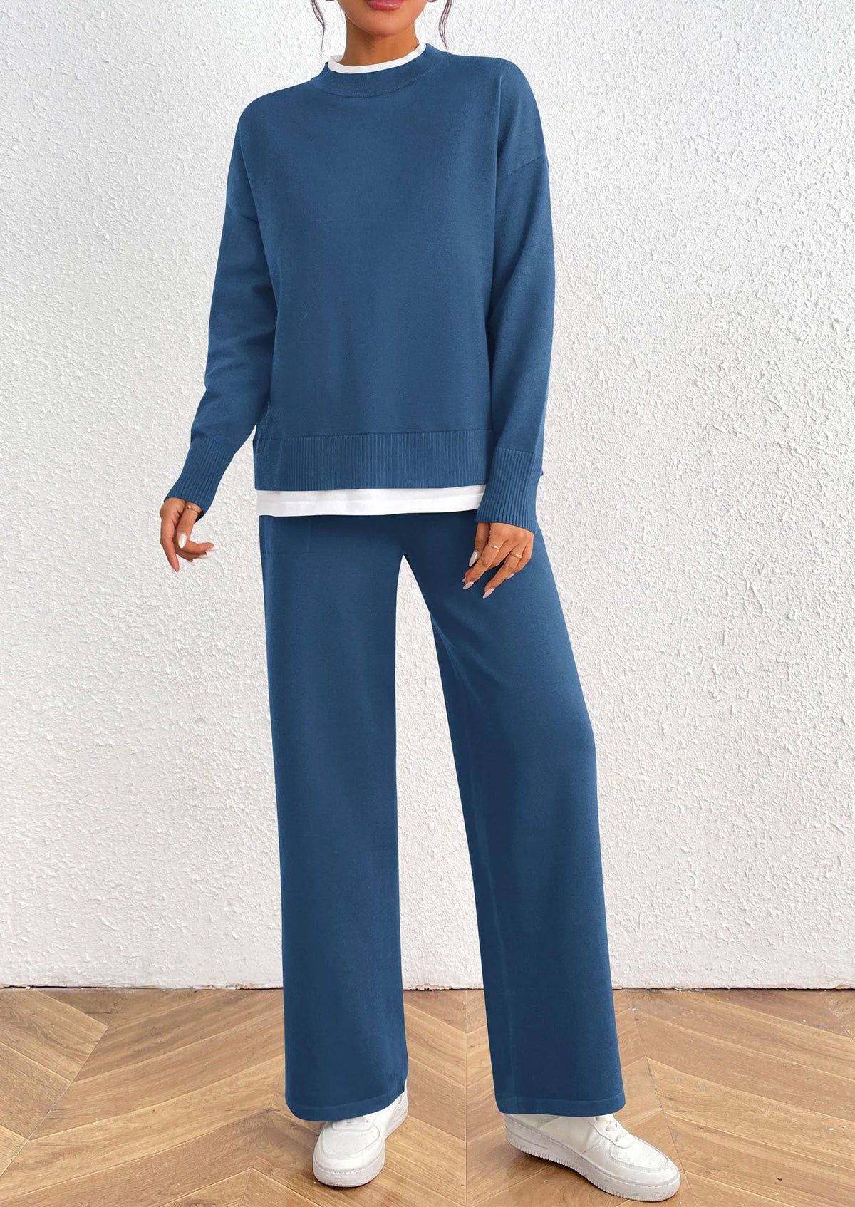 Long Sleeve Pullover Sweater Wide Leg Pants Two Piece Lounge Sets