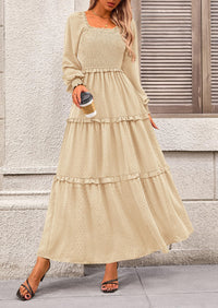 Long Sleeve Smocked Casual Square Neck Swiss Dot Tiered Ruffle Maxi Dresses