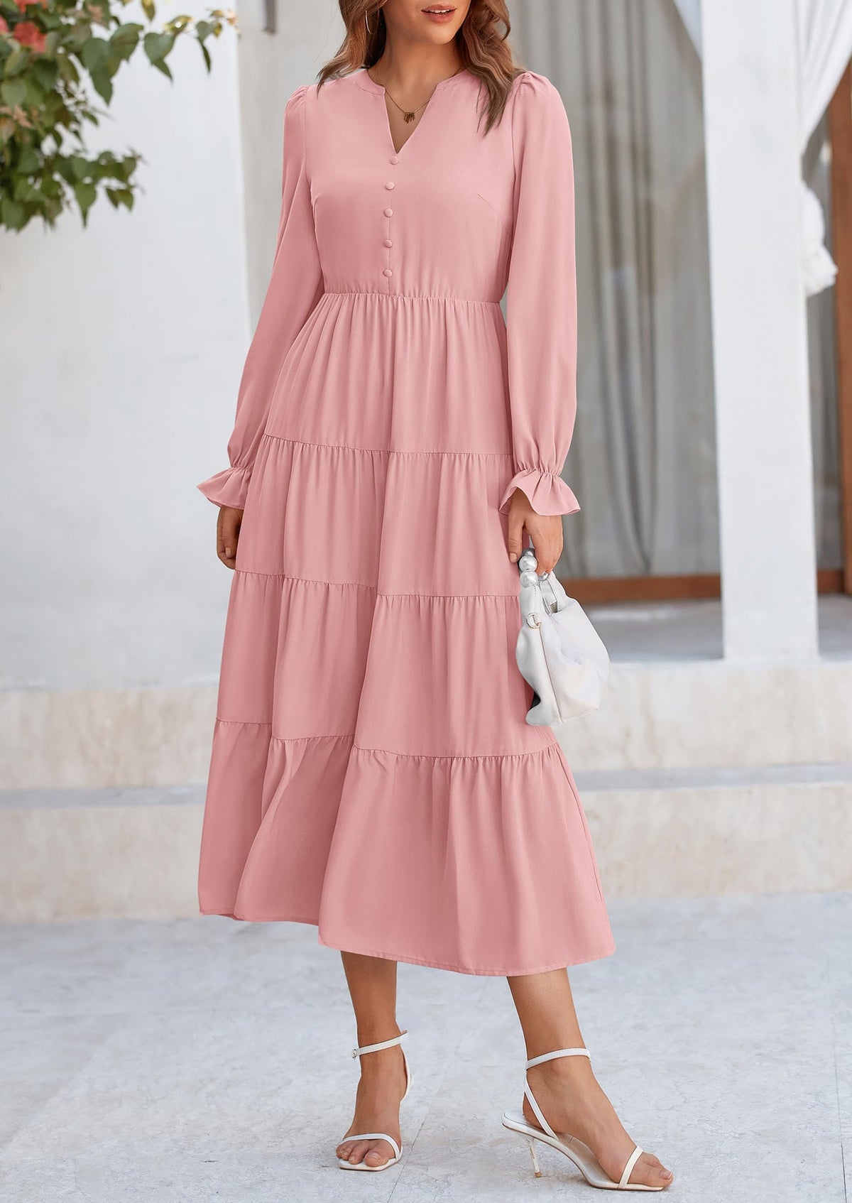Long Sleeve V Neck Tiered Ruffle Flowy A Line Maxi Dresses