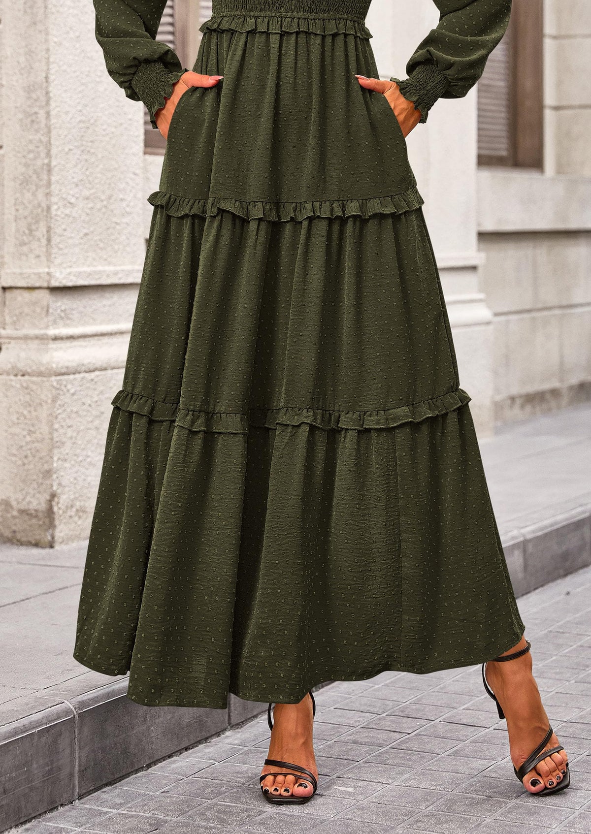 Long Sleeve Smocked Casual Square Neck Swiss Dot Tiered Ruffle Maxi Dresses