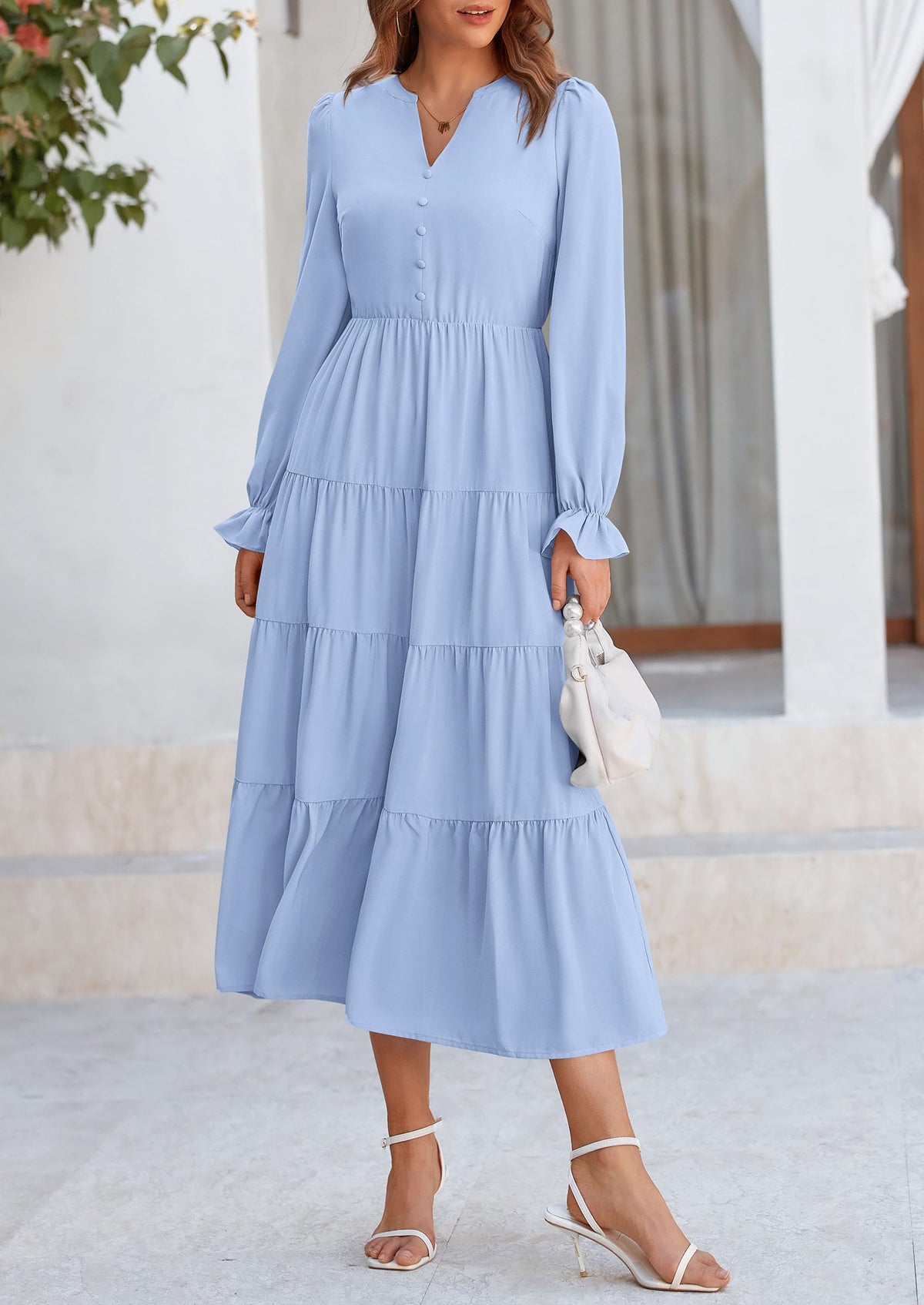Long Sleeve V Neck Tiered Ruffle Flowy A Line Maxi Dresses