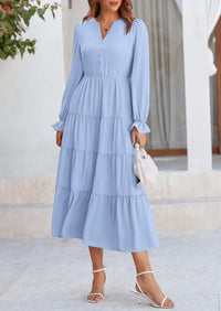 Long Sleeve V Neck Tiered Ruffle Flowy A Line Maxi Dresses