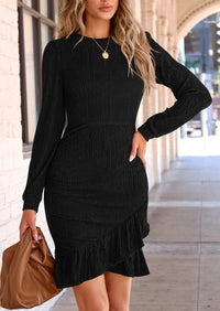 Ruched Bodycon Long Puff Sleeve Ruffle Fitted Mini Dress