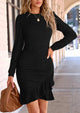 Ruched Bodycon Long Puff Sleeve Ruffle Fitted Mini Dress