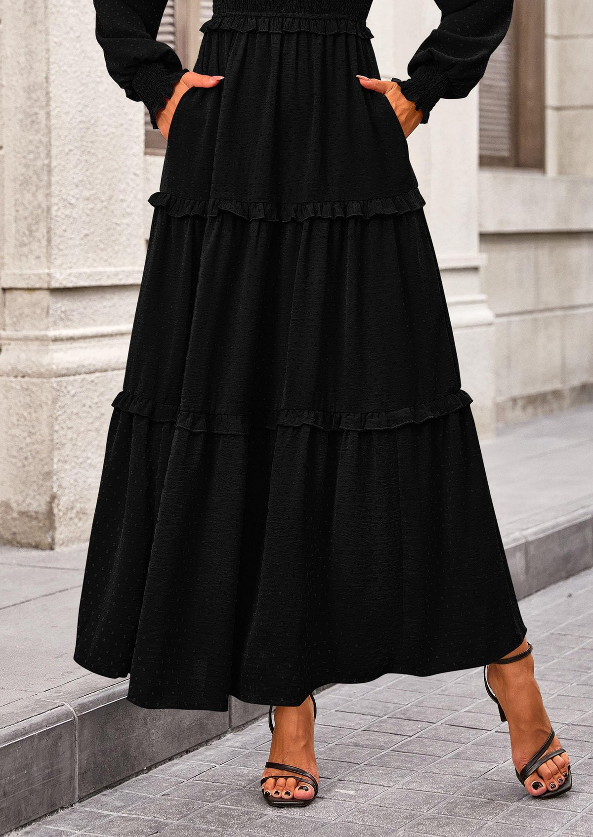Long Sleeve Smocked Casual Square Neck Swiss Dot Tiered Ruffle Maxi Dresses