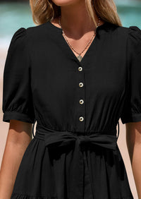 Casual Short Sleeved V-Neck Button Up Lace Up Dress