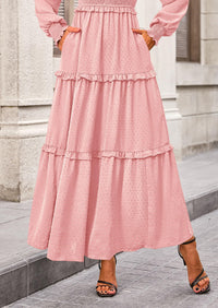 Long Sleeve Smocked Casual Square Neck Swiss Dot Tiered Ruffle Maxi Dresses