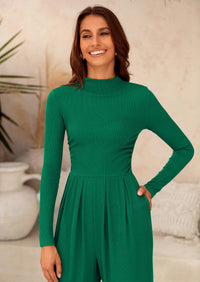 Casual Long Sleeve Mock Neck Wide Leg Jumpsuits