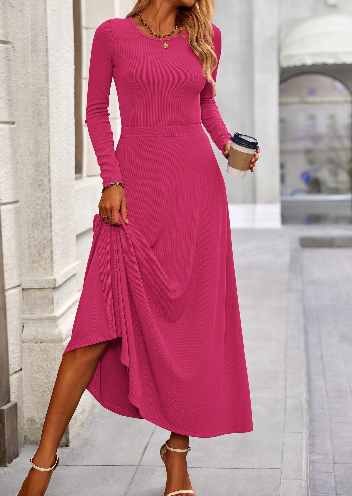 Casual Ribbed Knit Long Sleeve Crop Tops Maxi Flowy Skirts Two Piece Sets