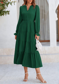 Long Sleeve V Neck Tiered Ruffle Flowy A Line Maxi Dresses
