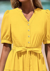 Casual Short Sleeved V-Neck Button Up Lace Up Dress