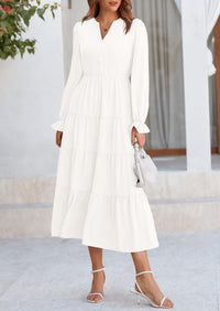 Long Sleeve V Neck Tiered Ruffle Flowy A Line Maxi Dresses