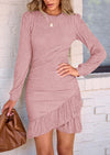 PRETTYGARDEN Women's Spring Fall Ruched Bodycon Mini Dress Long Puff Sleeve Ruffle Fitted Cocktail Party Dresses