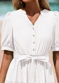 Casual Short Sleeved V-Neck Button Up Lace Up Dress