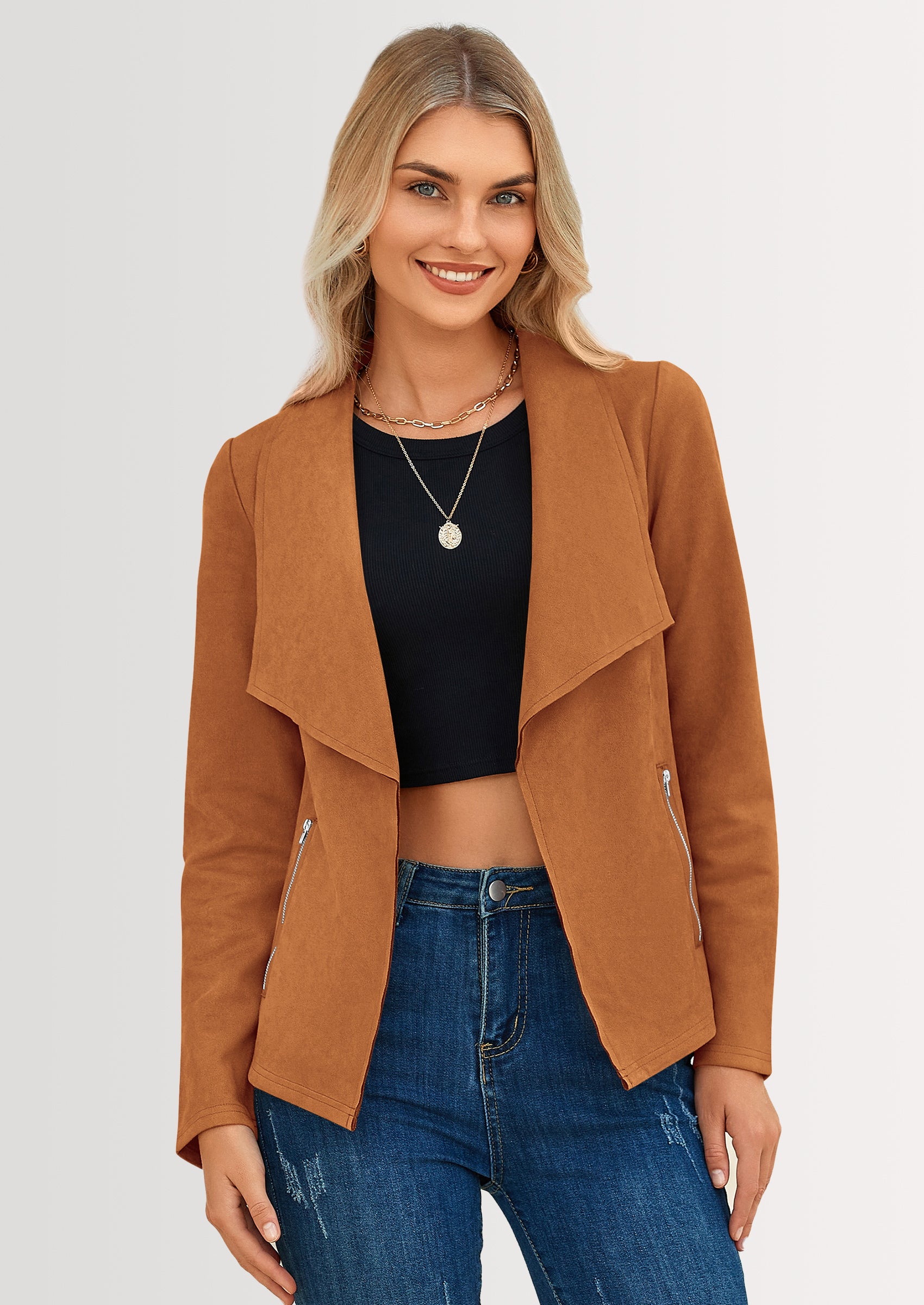 PRETTYGARDEN Women's Faux Suede Jackets Fashion Fall Clothes Long Sleeve Open Front Cropped Coat Outwear