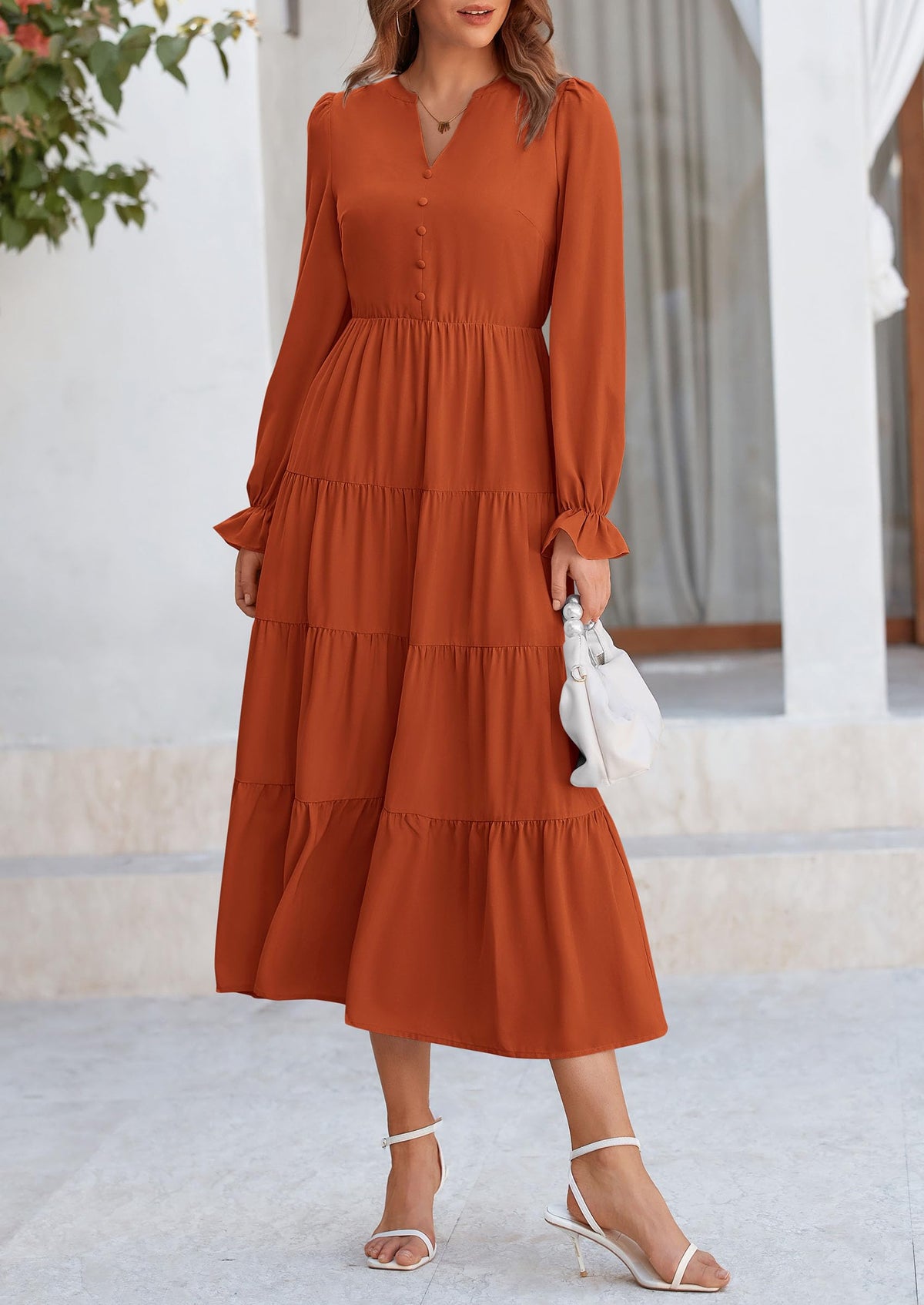 Long Sleeve V Neck Tiered Ruffle Flowy A Line Maxi Dresses