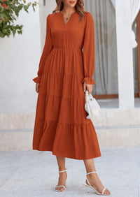 Long Sleeve V Neck Tiered Ruffle Flowy A Line Maxi Dresses