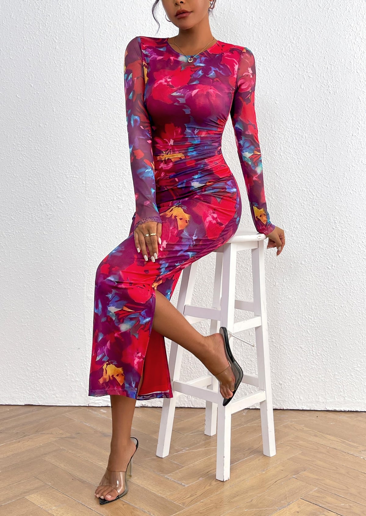 Floral Print Long Sleeve Tight Fitted Ruched Bodycon Maxi Dresses