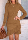 PRETTYGARDEN Women's Spring Fall Ruched Bodycon Mini Dress Long Puff Sleeve Ruffle Fitted Cocktail Party Dresses