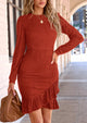 Ruched Bodycon Long Puff Sleeve Ruffle Fitted Mini Dress
