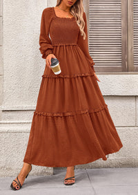 Long Sleeve Smocked Casual Square Neck Swiss Dot Tiered Ruffle Maxi Dresses