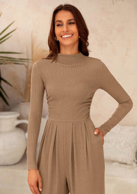 Casual Long Sleeve Mock Neck Wide Leg Jumpsuits