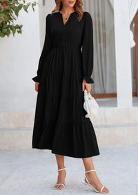 Long Sleeve V Neck Tiered Ruffle Flowy A Line Maxi Dresses