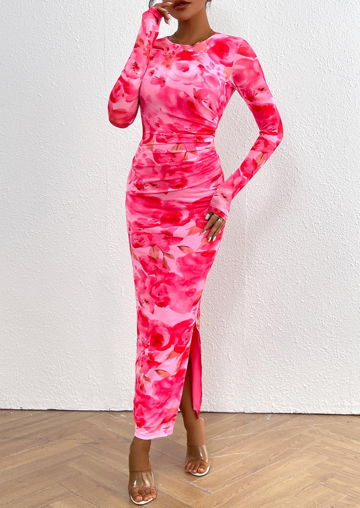 Floral Print Long Sleeve Tight Fitted Ruched Bodycon Maxi Dresses