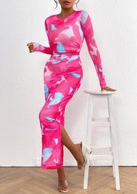Floral Print Long Sleeve Tight Fitted Ruched Bodycon Maxi Dresses