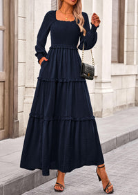Long Sleeve Smocked Casual Square Neck Swiss Dot Tiered Ruffle Maxi Dresses