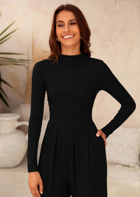 Casual Long Sleeve Mock Neck Wide Leg Jumpsuits