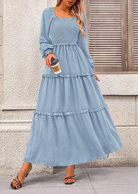 Long Sleeve Smocked Casual Square Neck Swiss Dot Tiered Ruffle Maxi Dresses