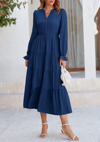 Long Sleeve V Neck Tiered Ruffle Flowy A Line Maxi Dresses