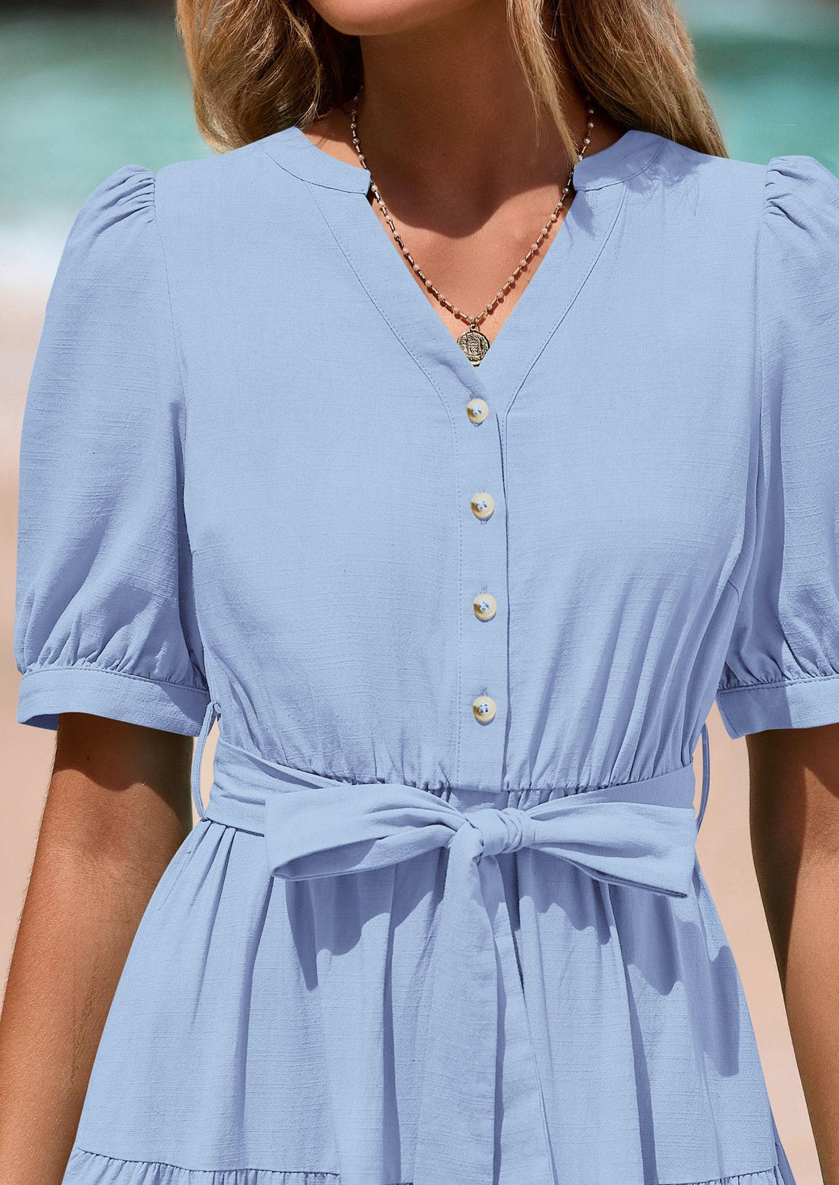 Casual Short Sleeved V-Neck Button Up Lace Up Dress