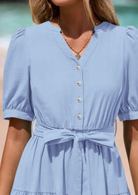 Casual Short Sleeved V-Neck Button Up Lace Up Dress