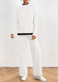 Long Sleeve Pullover Sweater Wide Leg Pants Two Piece Lounge Sets
