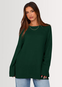 PRETTYGARDEN Women's Knit Fall Sweaters Long Sleeve Pullover Crewneck Split Hem Oversized Tunic Sweater Tops Winter Clothing