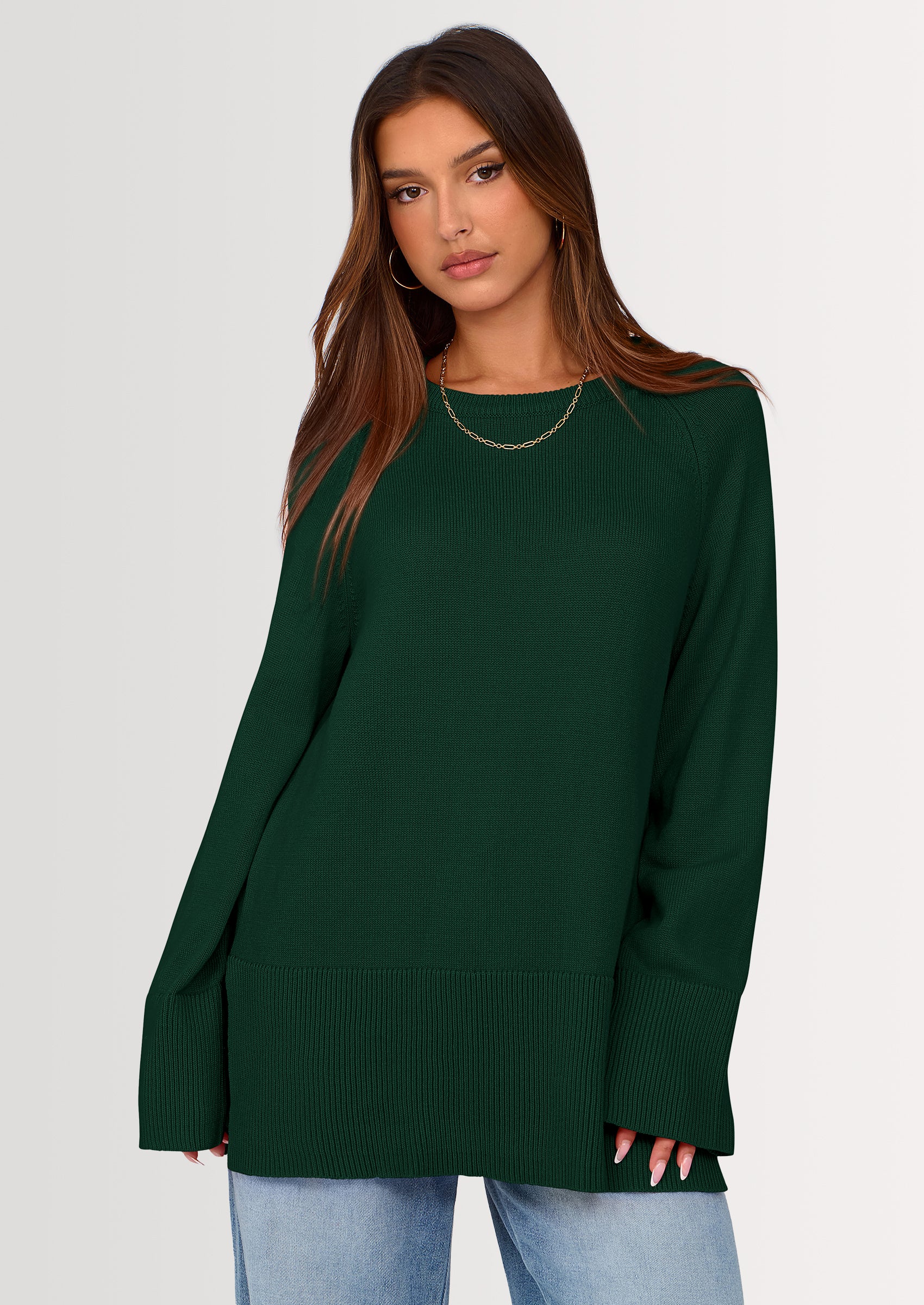 PRETTYGARDEN Women's Knit Fall Sweaters Long Sleeve Pullover Crewneck Split Hem Oversized Tunic Sweater Tops Winter Clothing